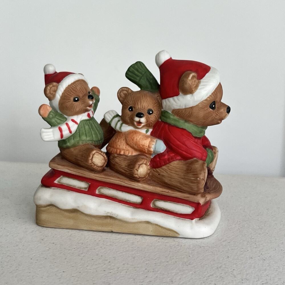 vintage homco christmas bears on sled 70s 80s porcelain 5306